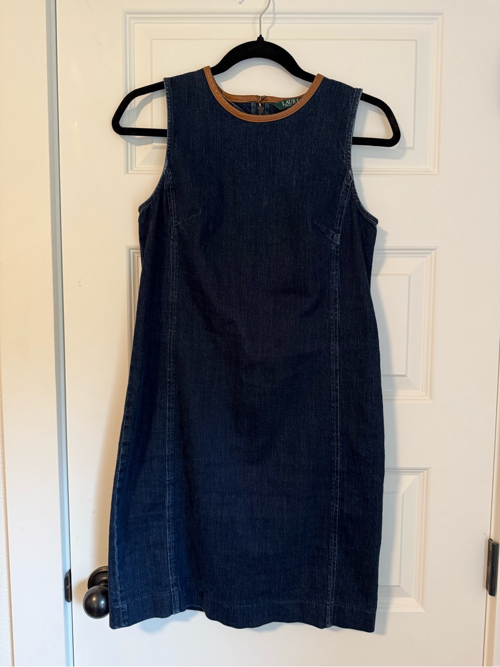 Lauren Ralph Lauren Dark Blue Denim Sleeveless Shift Dress with Leather Trim
